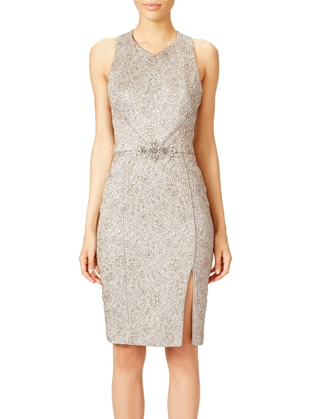 THEIA Platinum Sheath Jacquard Midi Dress